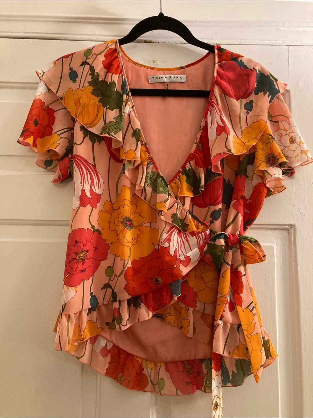 Trina Turk Peach Floral Wrap Ruffle Top
Size:S